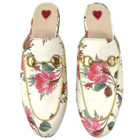 Gucci Princetown Floral Leather Mules Ivory Multi 37 with Box